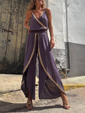 Purple Wide-Leg Jumpsuit with Leaf Print for Women - Bice