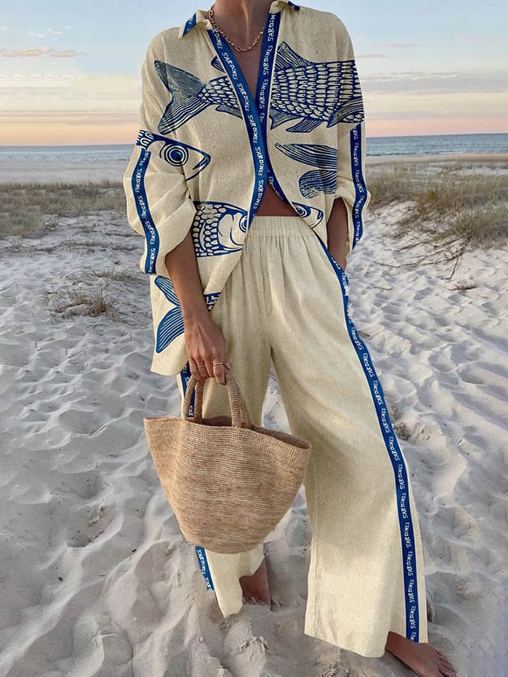 Beige and Blue Printed Shirt and Wide Leg Pants Set for Women - Lavinia
