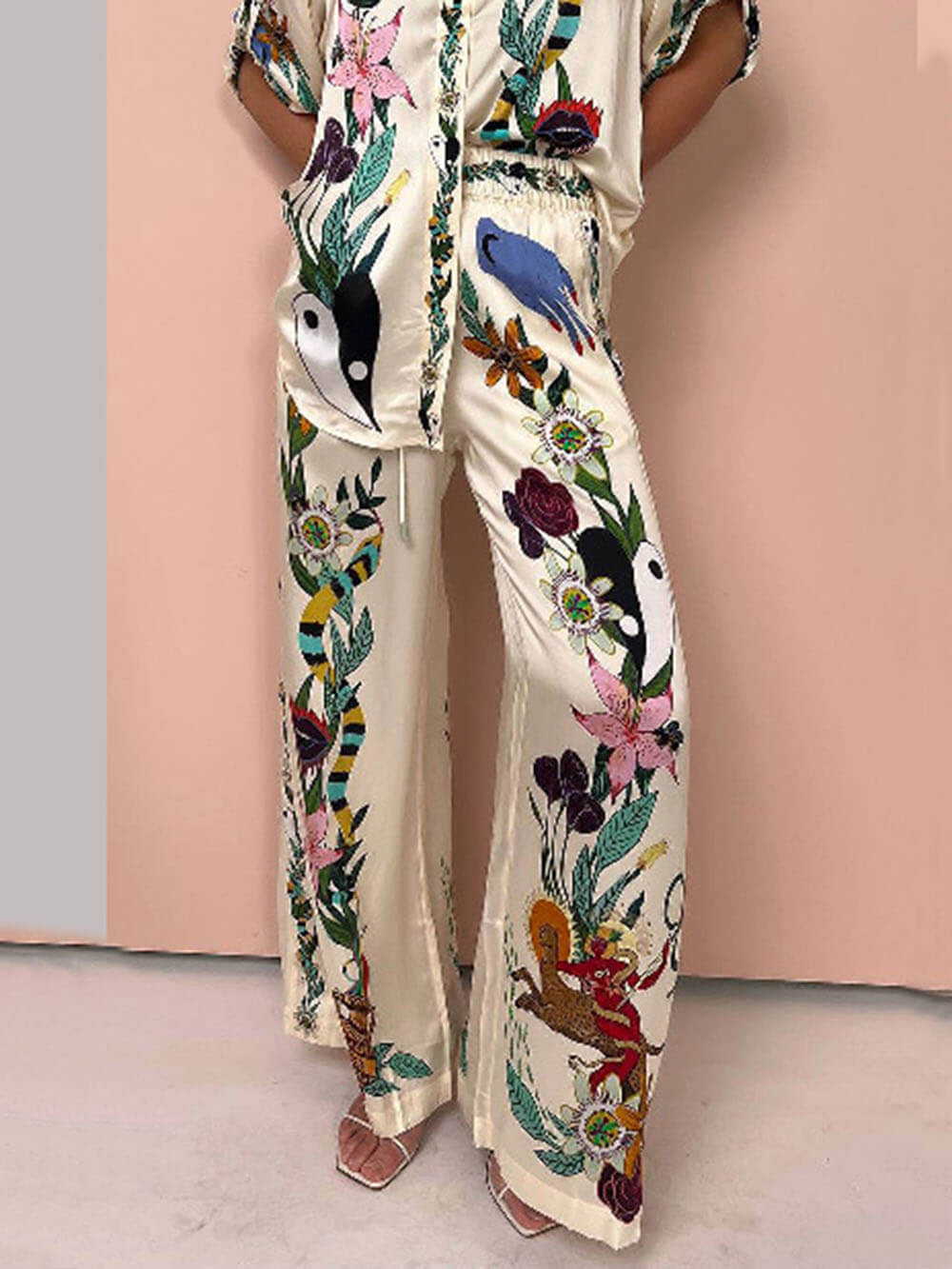 Beige Printed Satin Shirt and Wide Leg Pants Set for Women - Zita