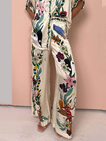 Beige Printed Satin Shirt and Wide Leg Pants Set for Women - Zita