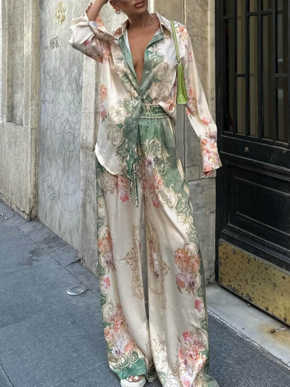 Beige and Green Baroque Print Shirt and Pants Set for Women - Giuditta