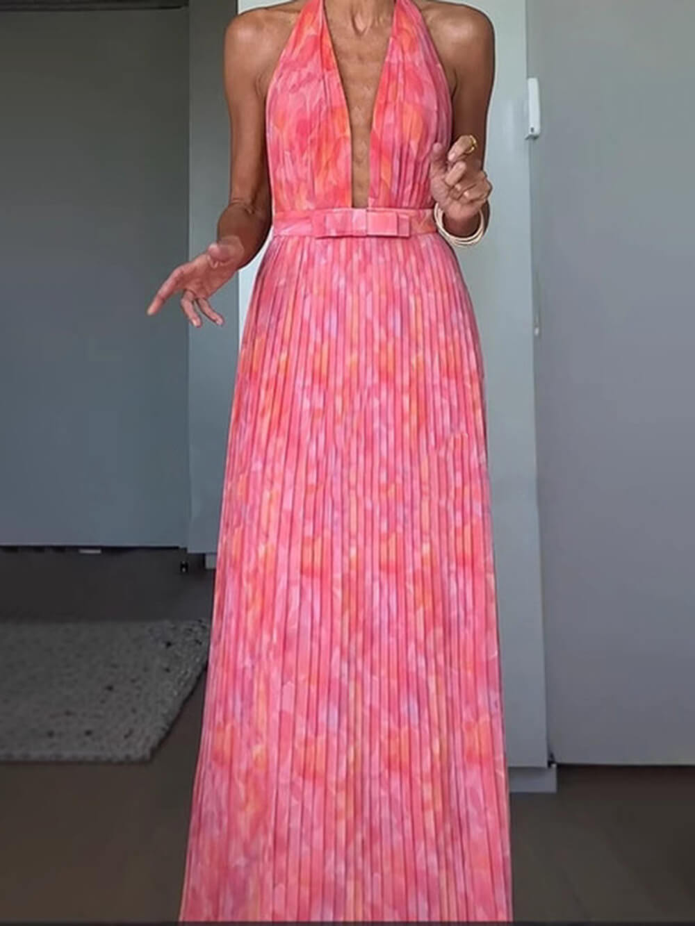 Pink Pleated Halter Neck Maxi Dress for Women - Derna