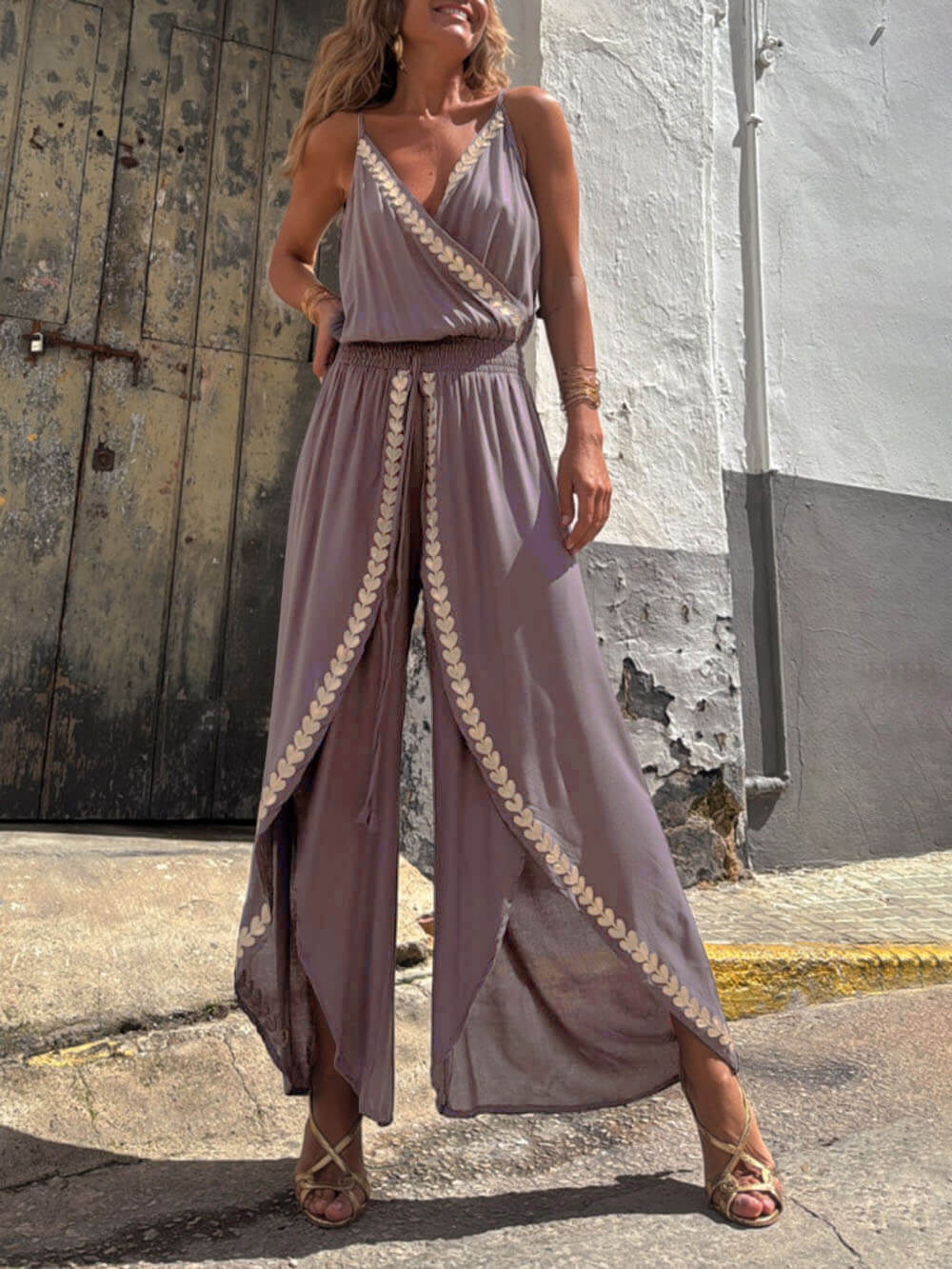 Purple Wide-Leg Jumpsuit with Leaf Print for Women - Bice