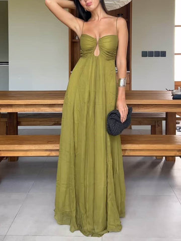 Olive Green Spaghetti Strap Maxi Dress for Women - Virginia