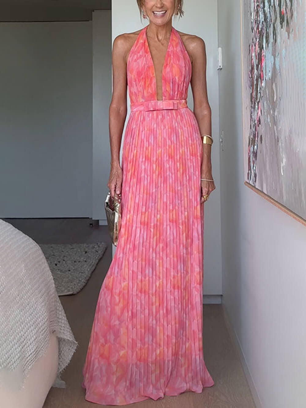 Pink Pleated Halter Neck Maxi Dress for Women - Derna