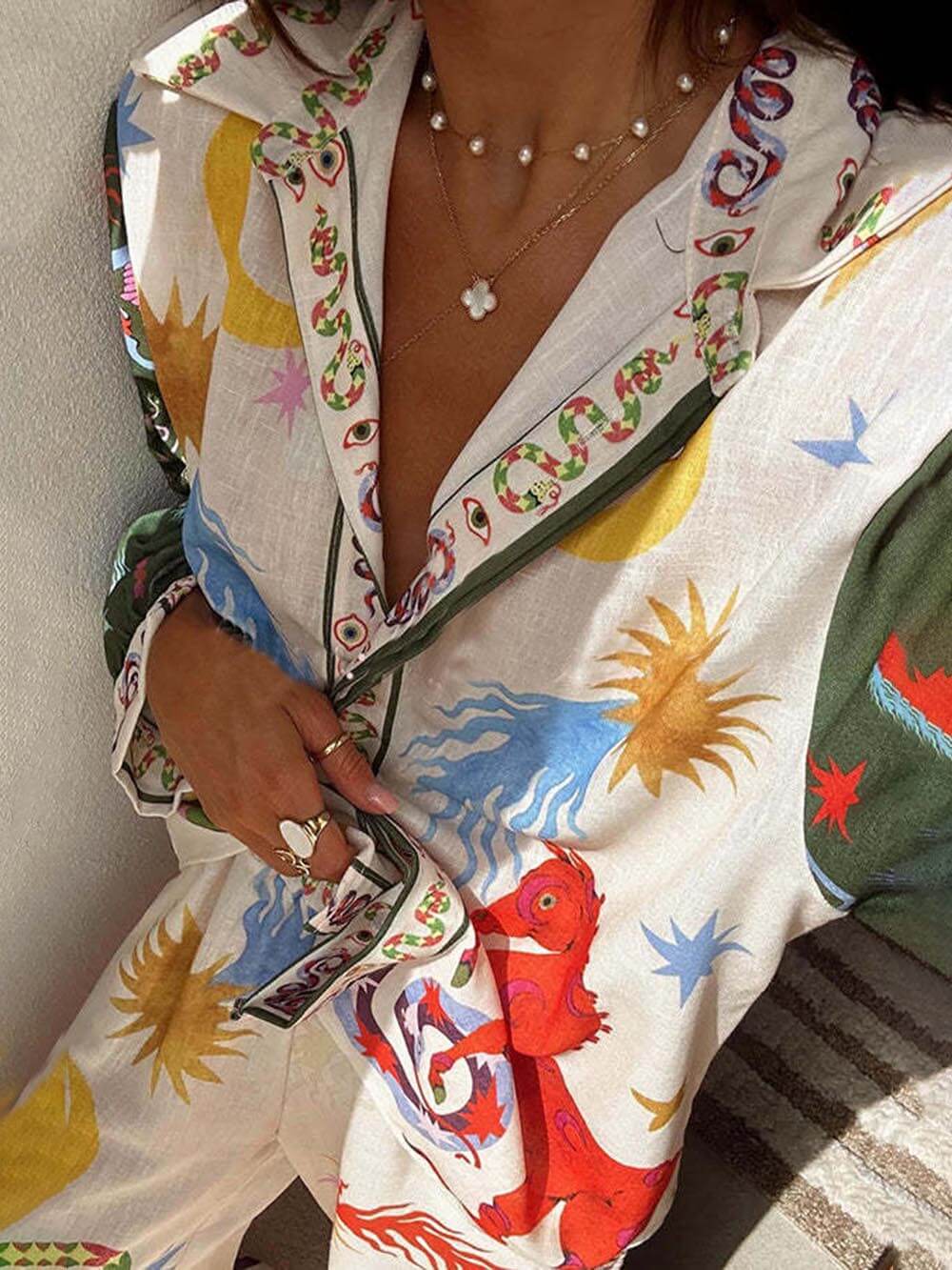 Multicolor Printed Long Shirt with Button Detail for Women - Tonia