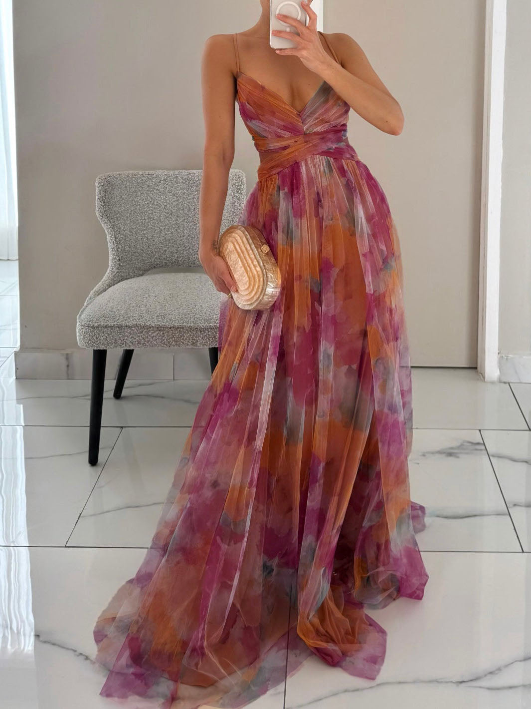 Floral Print Maxi Dress with V-Neck for Women - Candida