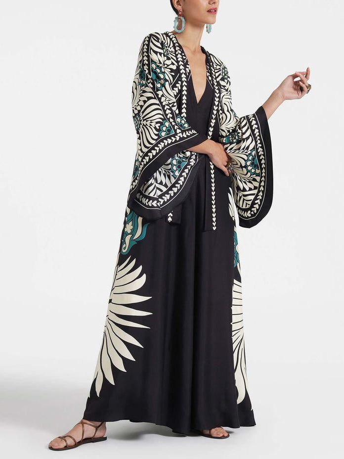 Black and Cream Floral Print High Neck Maxi Dress for Women - Marcia