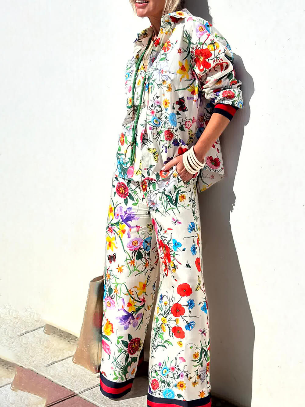 White Floral Print Wide Leg Pants for Women - Genziana