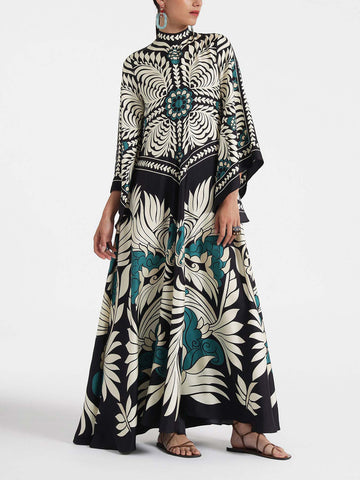 Black and Cream Floral Print High Neck Maxi Dress for Women - Marcia