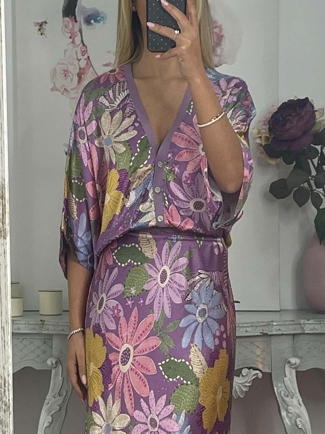 Floral Satin Midi Dress with V-Neck for Women - Soraya