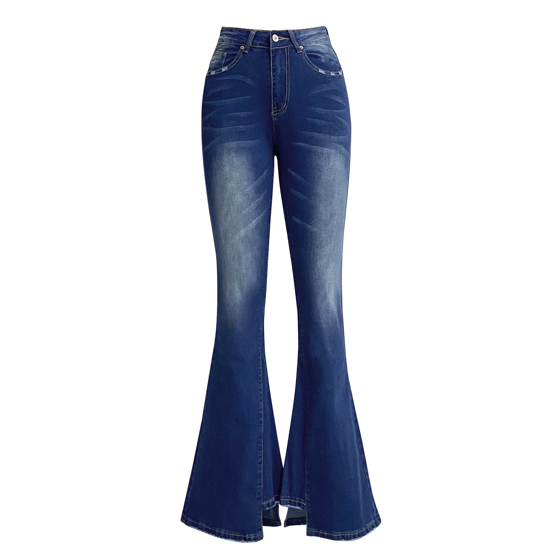 Four Season Pants Washed High Waist Jeans Stitching Women Bell Bottom Pants