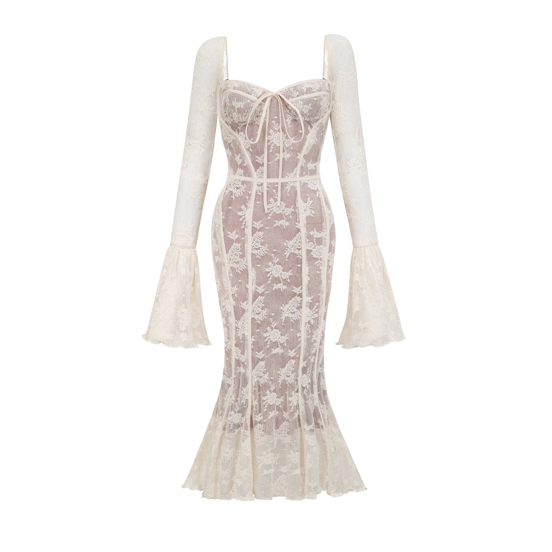 Ivory Lace Maxi Dress with Flared Sleeves for Women - Camilla