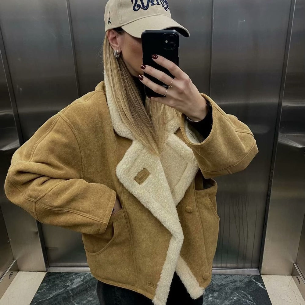 Faux Shearling Lined Suede Jacket with Pockets for Women - Capitolina