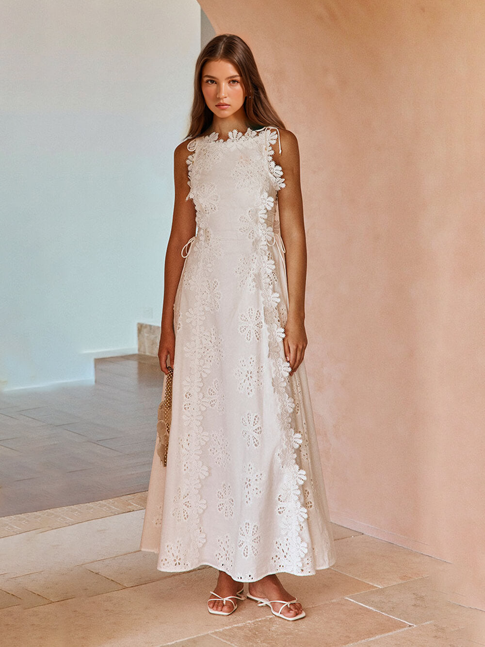 White Sleeveless Lace Embroidered Maxi Dress for Women - Simonetta