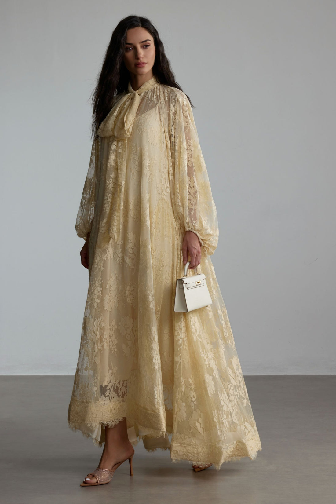 Cream Lace Maxi Dress with Bow Detail for Women - Clelia