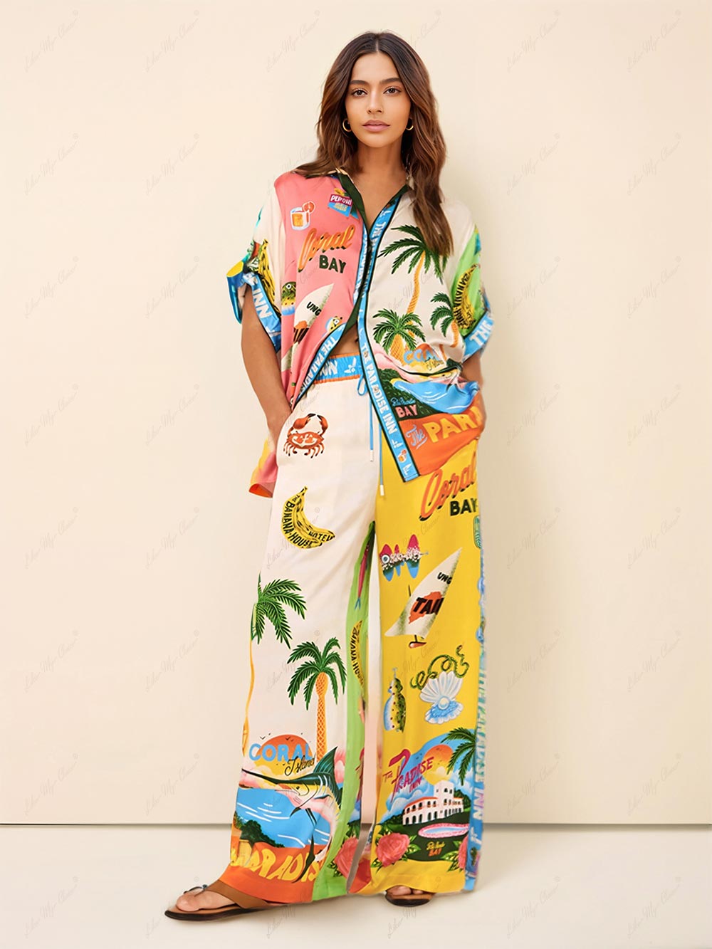 Multicolor Tropical Print Short Sleeve Shirt and Wide Leg Pants Set for Women - Oria