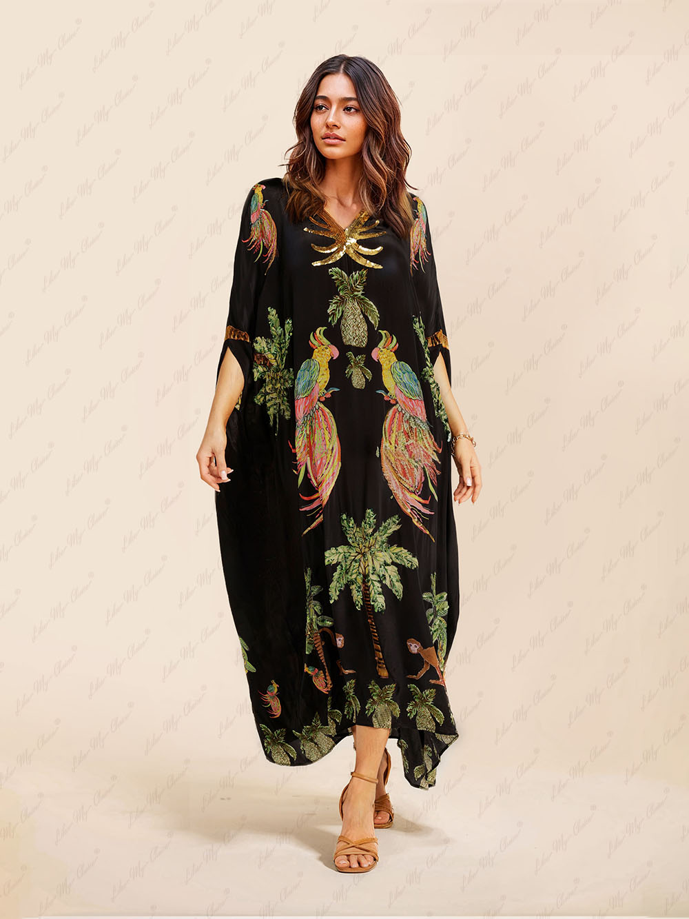 Kaftan Dress with Parrot and Palm Print for Women - Sheila