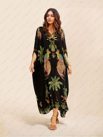 Kaftan Dress with Parrot and Palm Print for Women - Sheila