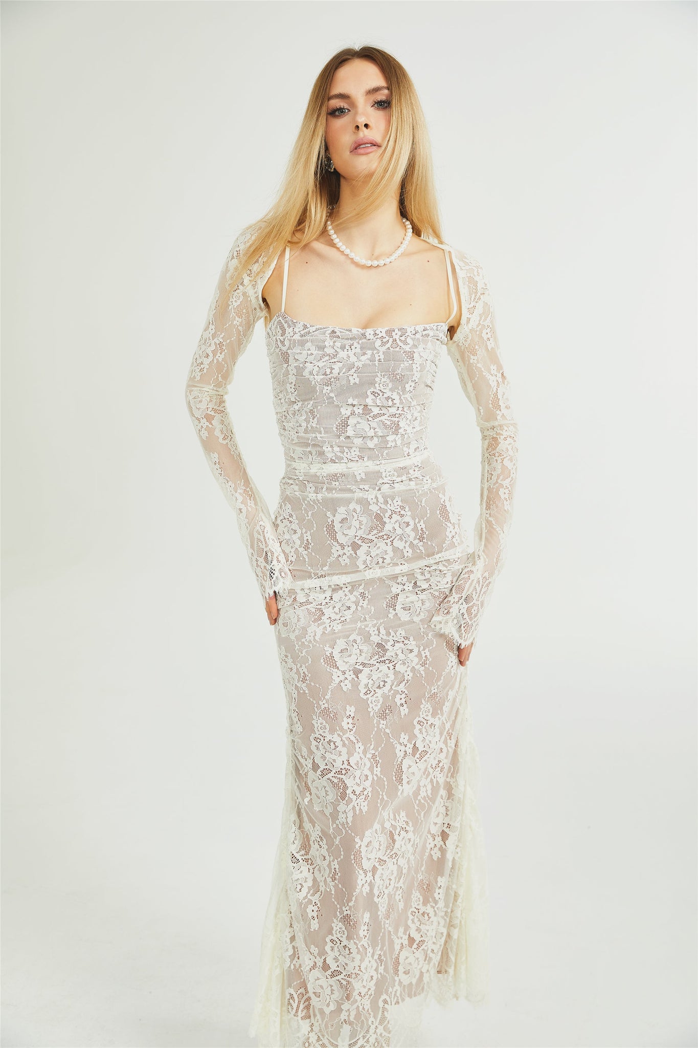 Ivory Lace Maxi Dress with Sheer Sleeves for Women - Giada