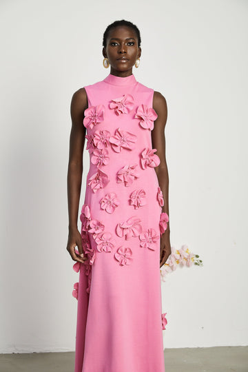Pink Maxi Dress with 3D Floral Appliqué for Women - Viola