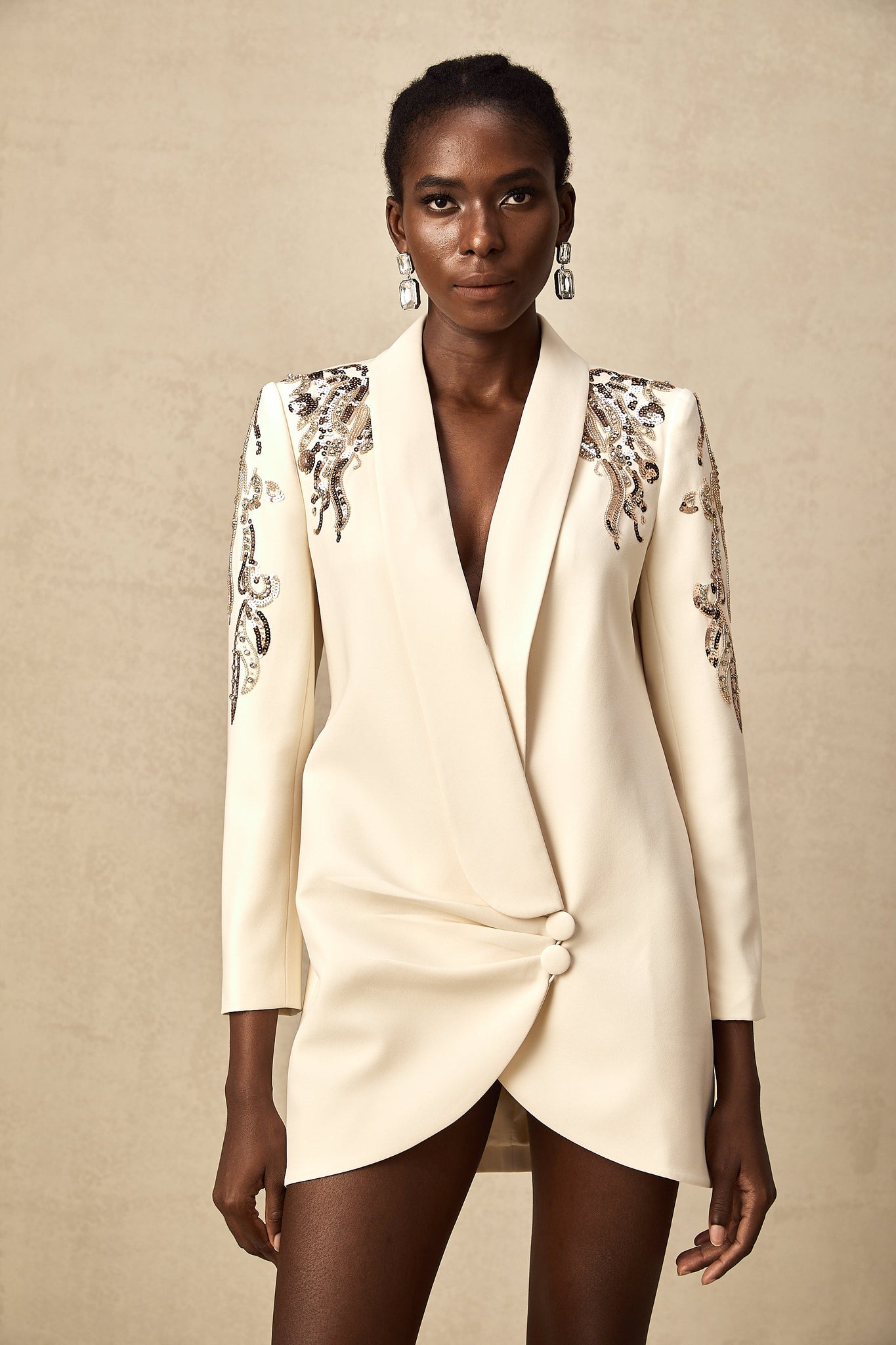 Ivory Embellished Blazer Mini Dress with Long Sleeves for Women - Teresa