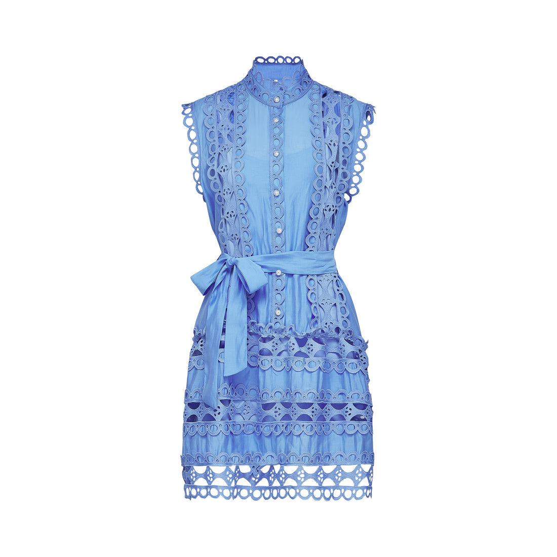Sky Blue Lace Dress with Tie Belt for Women - Ornella