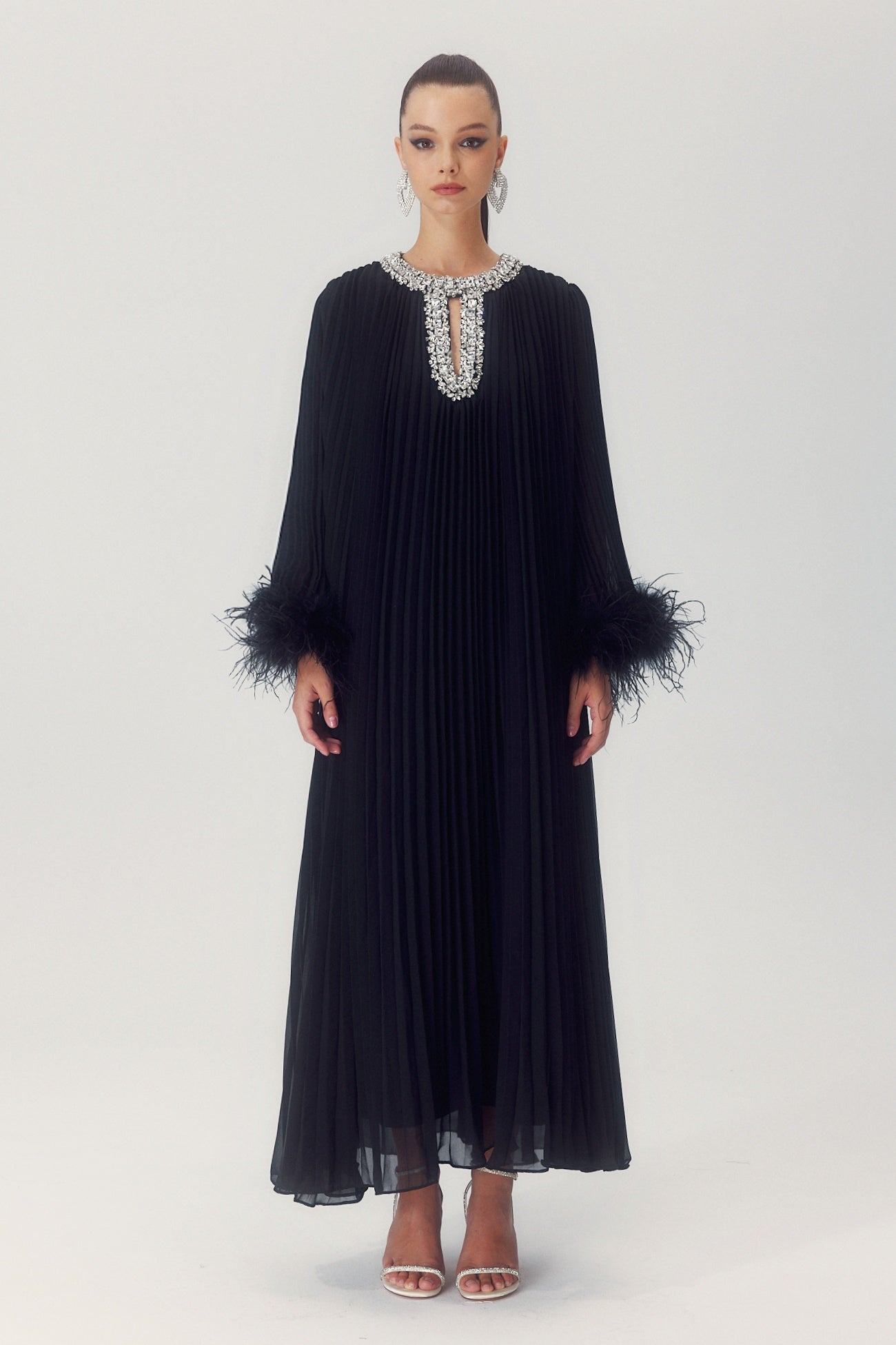 Black Pleated Maxi Dress with Feather Cuffs for Women - Manuela
