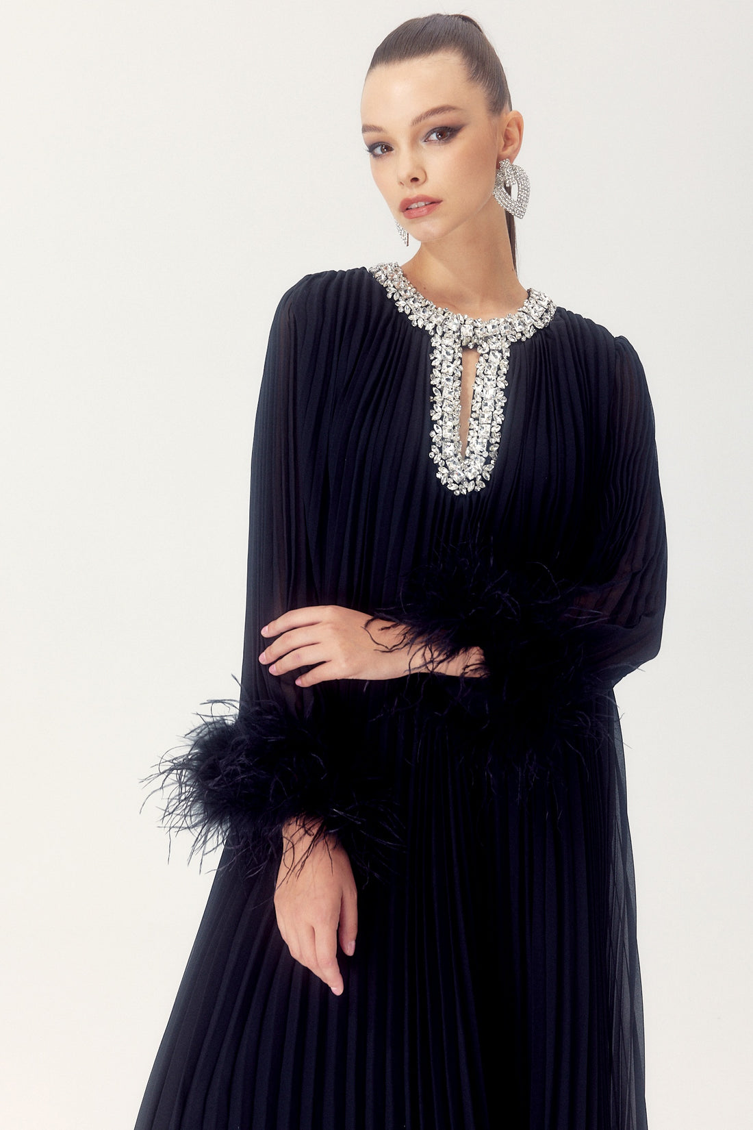 Black Pleated Maxi Dress with Feather Cuffs for Women - Manuela