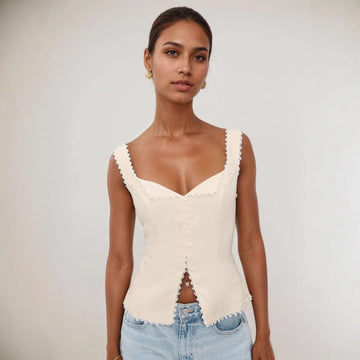 Button Down Sleeveless Top with Lace Trim for Women - Cosima