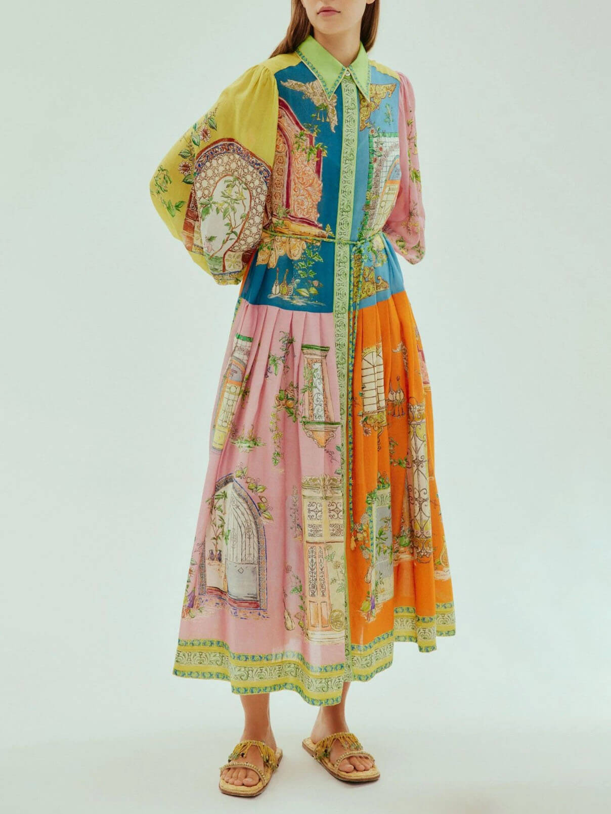 Multicolor Print Long Sleeve Maxi Dress with Belt for Women - Ines