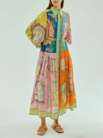 Multicolor Print Long Sleeve Maxi Dress with Belt for Women - Ines