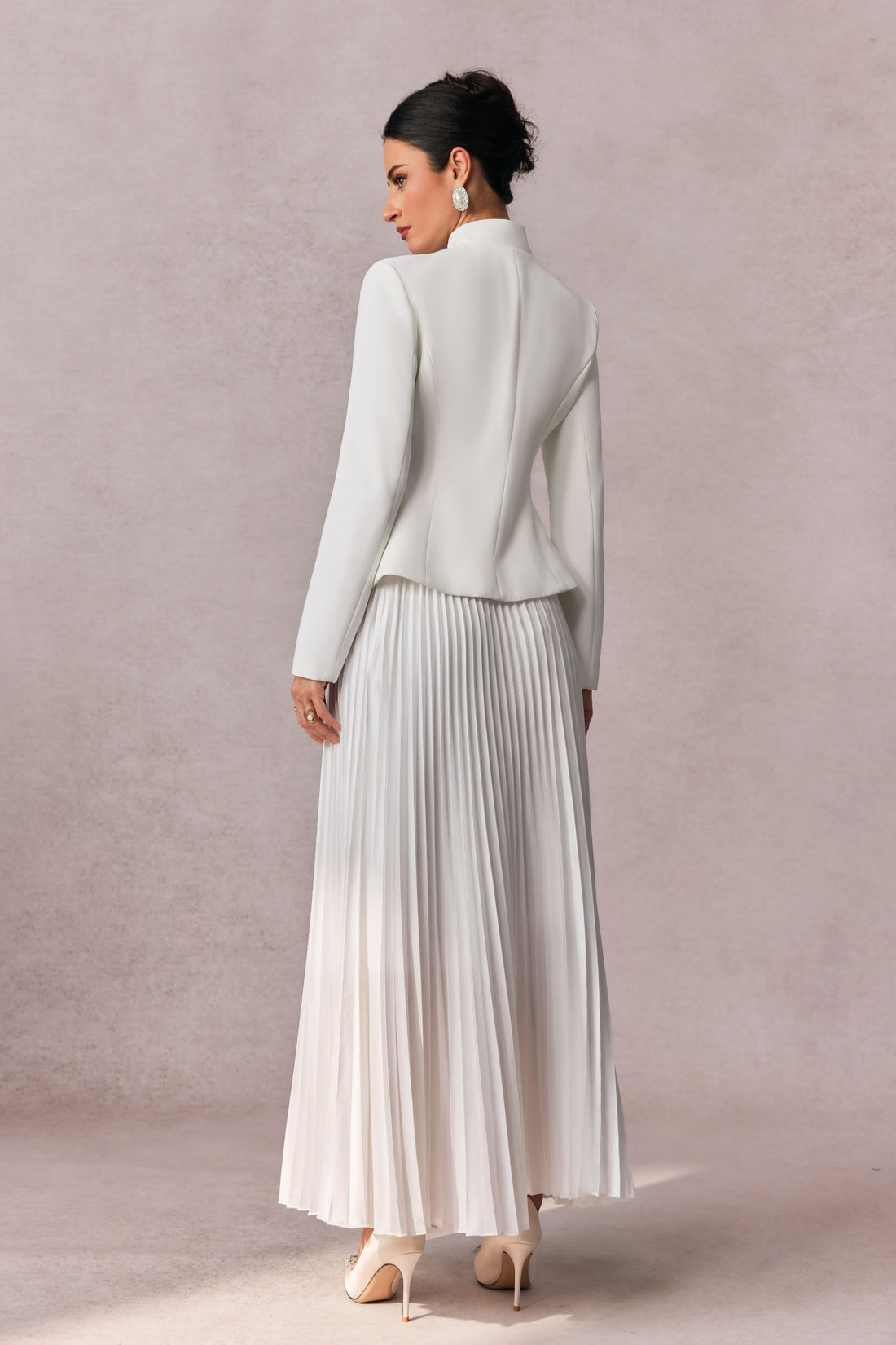 White Pleated Maxi Skirt with Buttoned Blazer for Women - Nina