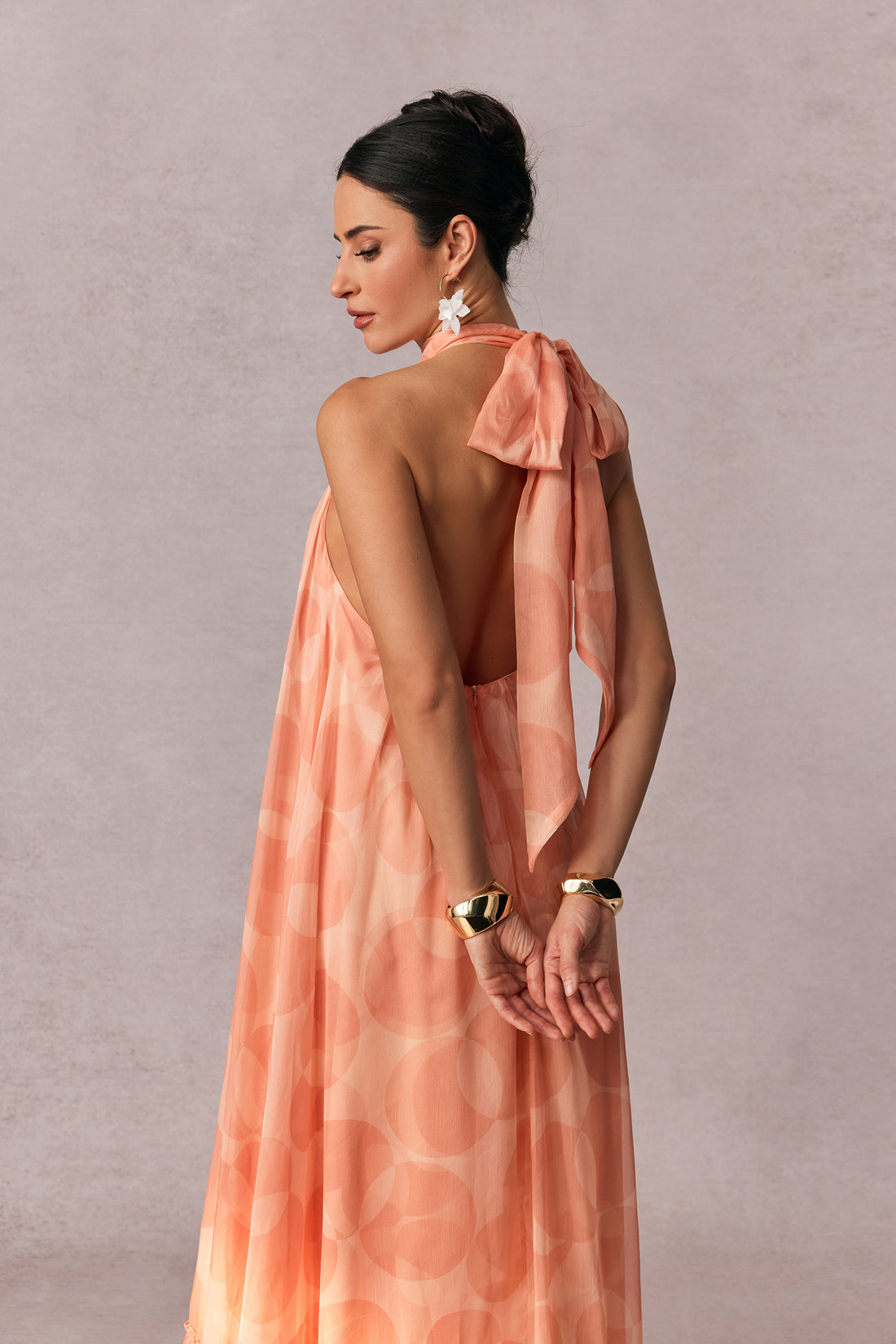 Peach Halter Maxi Dress with Ruffle Hem for Women - Graziella