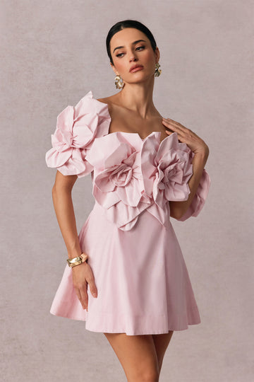 Pink Mini Dress with Flower Embellished Puff Sleeves for Women - Liana