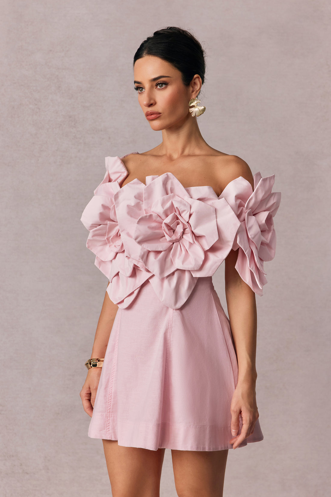 Pink Mini Dress with Flower Embellished Puff Sleeves for Women - Liana
