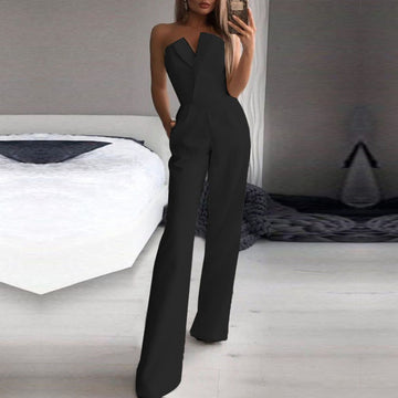 Strapless Wide Leg Jumpsuit with Pockets for Women - Sara