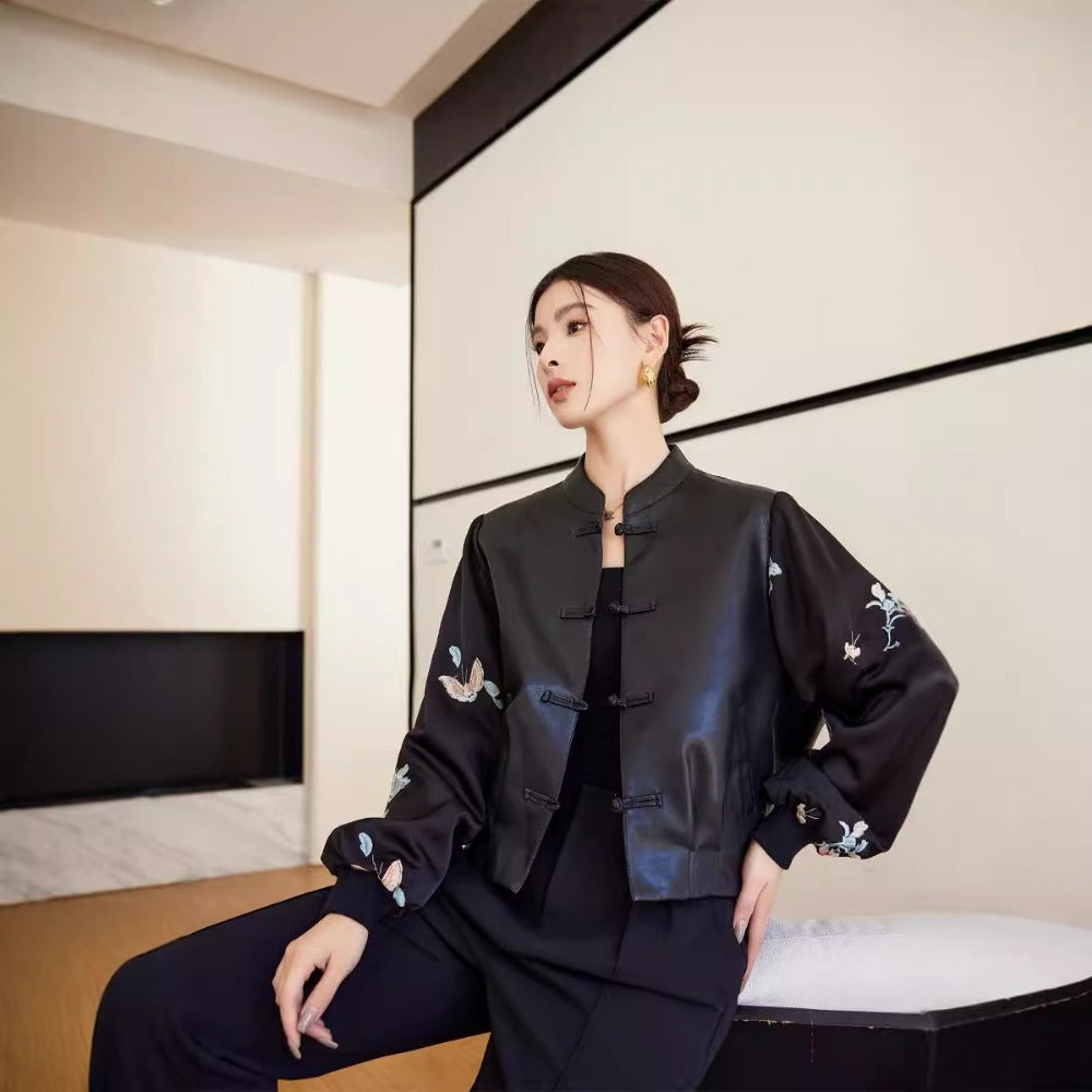 Black Faux Leather Jacket with Embroidered Sleeves for Women - Genziana