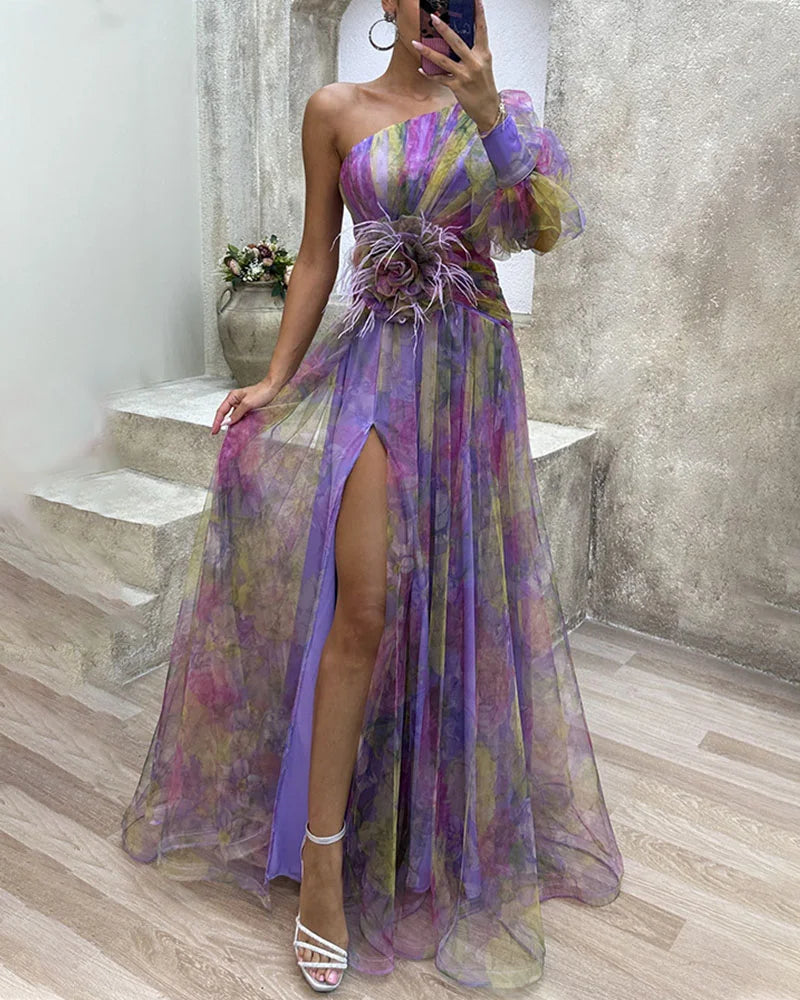Multicolor One Shoulder Maxi Dress with Side Slit for Women - Luisa