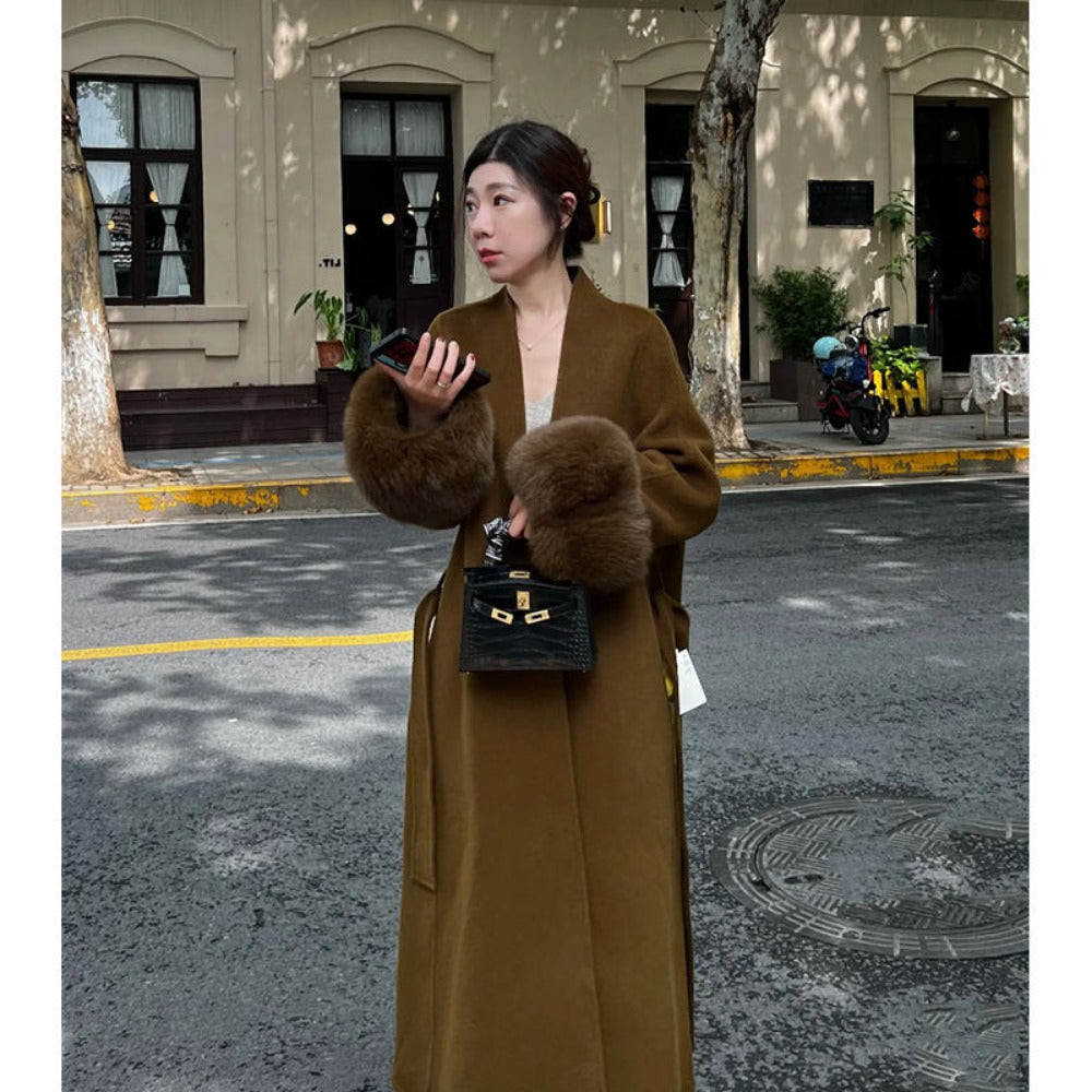 Long Wool Coat with Fur Cuffs for Women - Fortunata