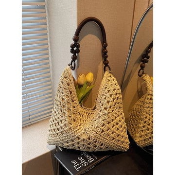 Woven Straw Shoulder Bag with Crochet Design for Women - Camilla