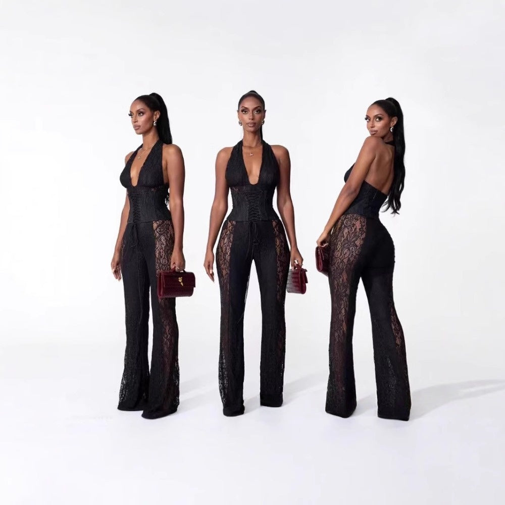 Lace Halter Jumpsuit with Wide Leg for Women - Sabrina