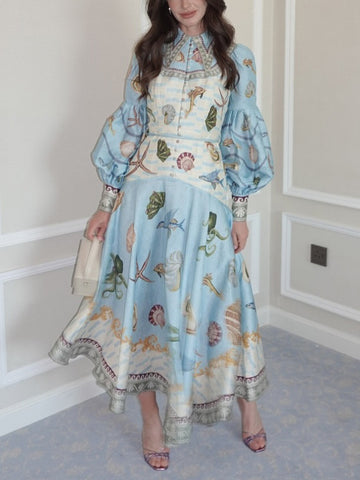 Light Blue Sea Print Long Sleeve Maxi Dress for Women - Annetta