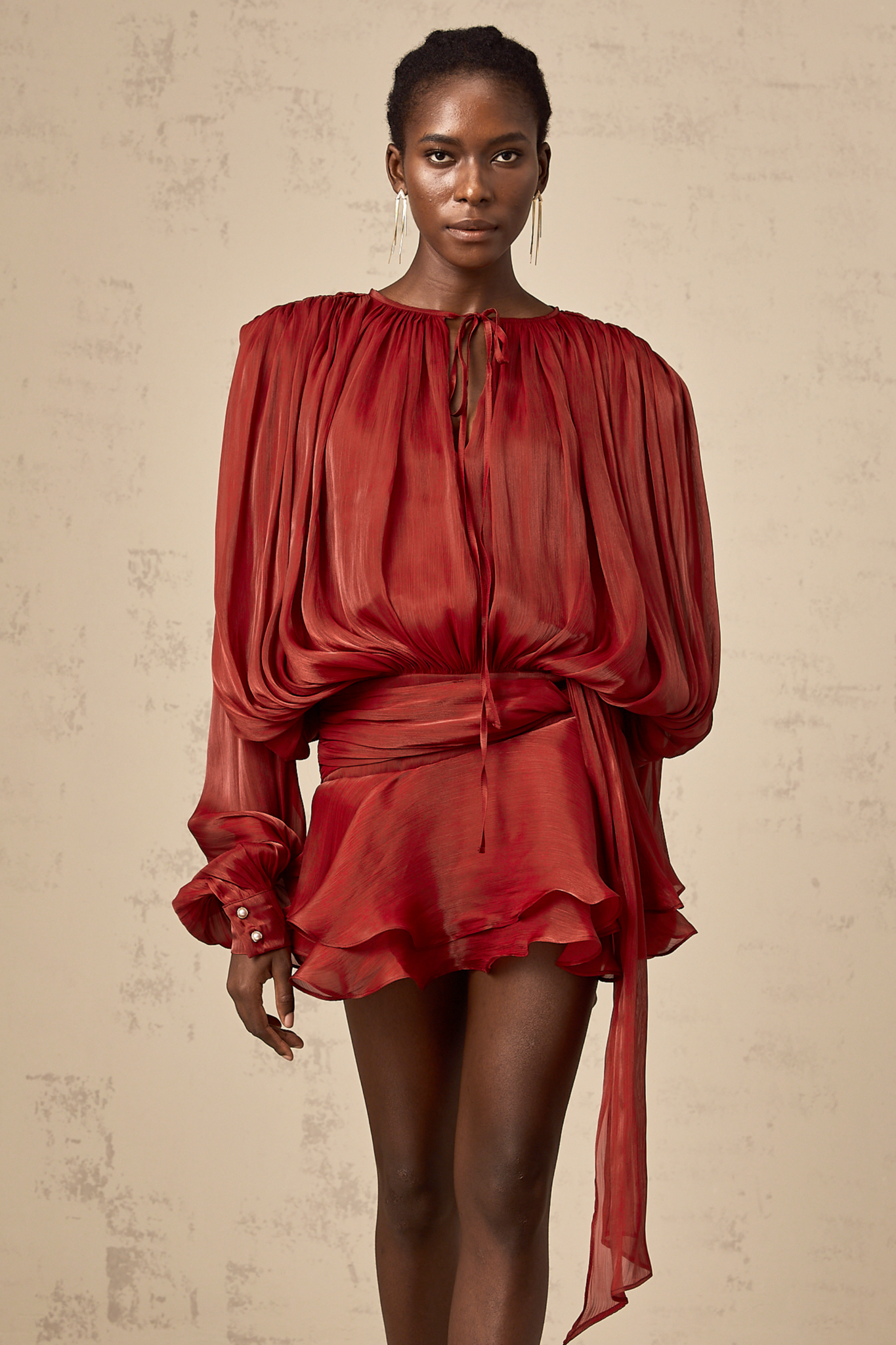 Red Pleated Mini Dress with Tie Waist for Women - Eugenia