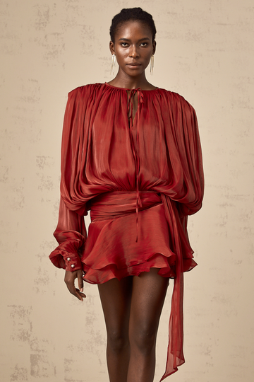Red Pleated Mini Dress with Tie Waist for Women - Eugenia