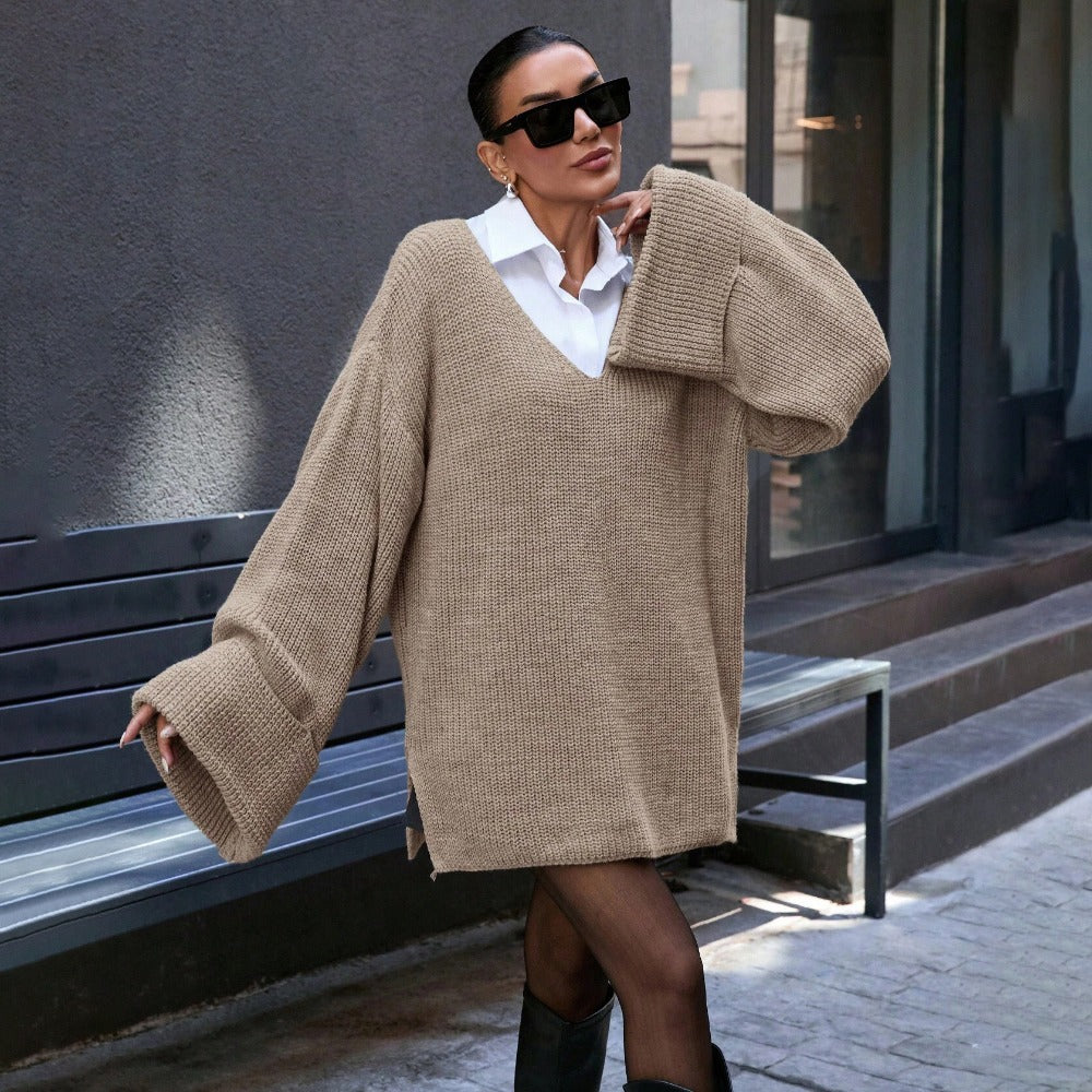 Knit V Neck Oversized Sweater with Long Sleeves for Women - Greta