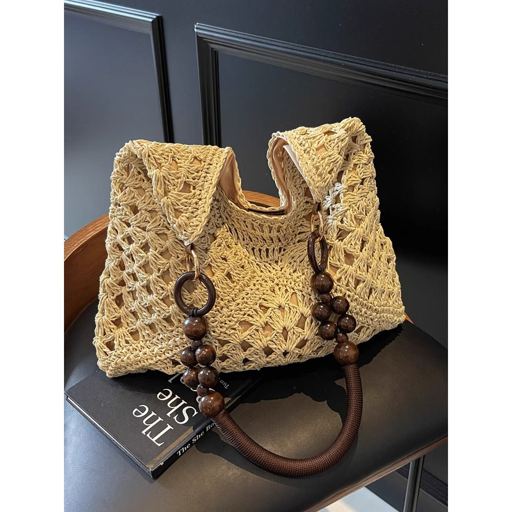 Woven Straw Shoulder Bag with Crochet Design for Women - Camilla