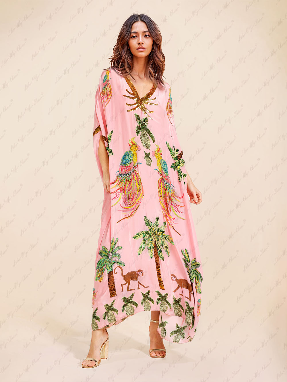 Kaftan Dress with Parrot and Palm Print for Women - Sheila