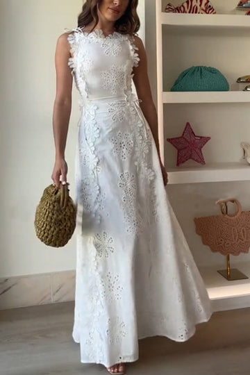 White Sleeveless Lace Embroidered Maxi Dress for Women - Simonetta