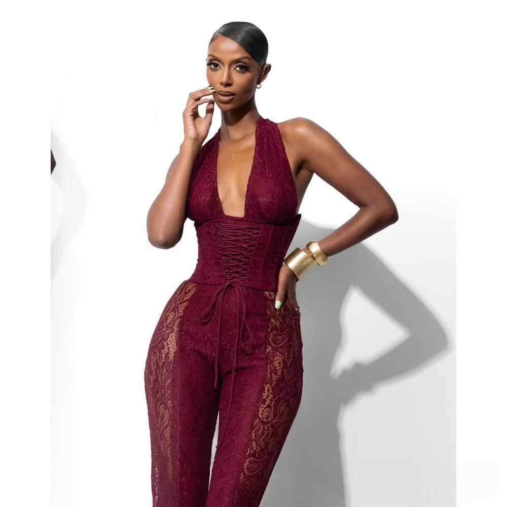 Lace Halter Jumpsuit with Wide Leg for Women - Sabrina – Natrosa